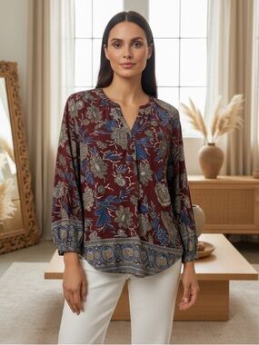 Lucky Brand Boho Inspired Burgundy and Blue Floral Tunic Blouse